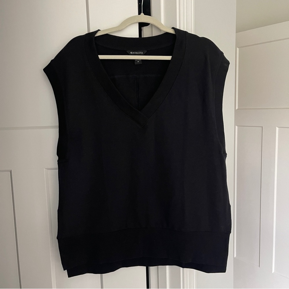 Athleta Black Retroterry V Neck Tee Sleeveless Sweatshirt Pullover - Picture 2 of 5